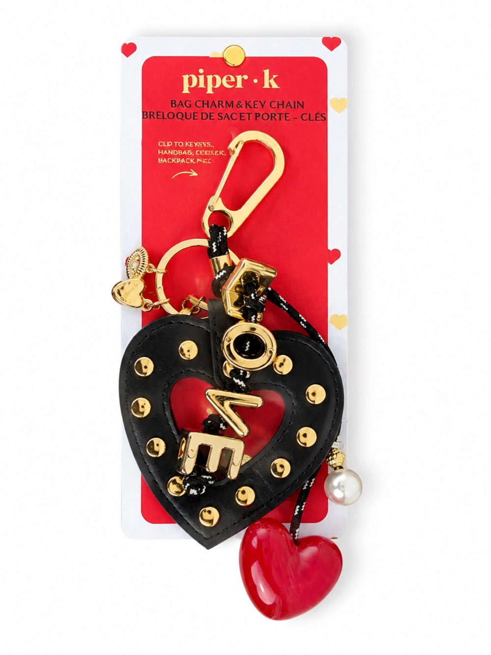 Studded Black Heart Key & Card Holder with Gold Hardware